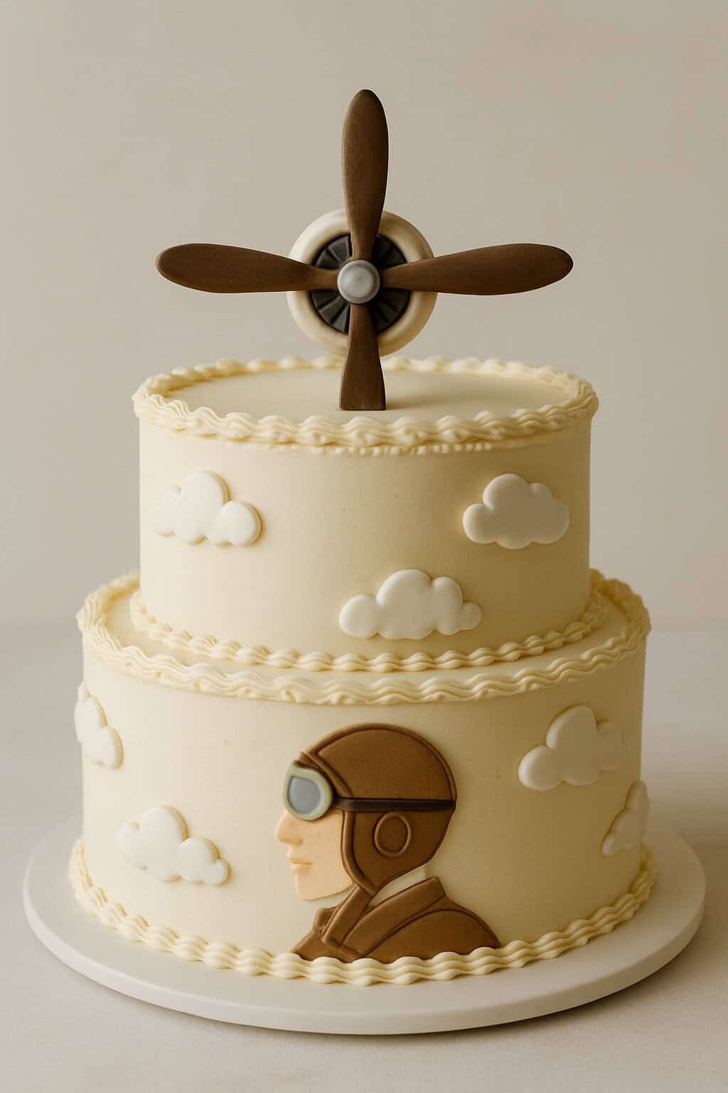A two-tiered cream cake decorated with clouds and an edible image of a pilot in goggles and a helmet; a chocolate airplane propeller is placed on top as a cake topper.