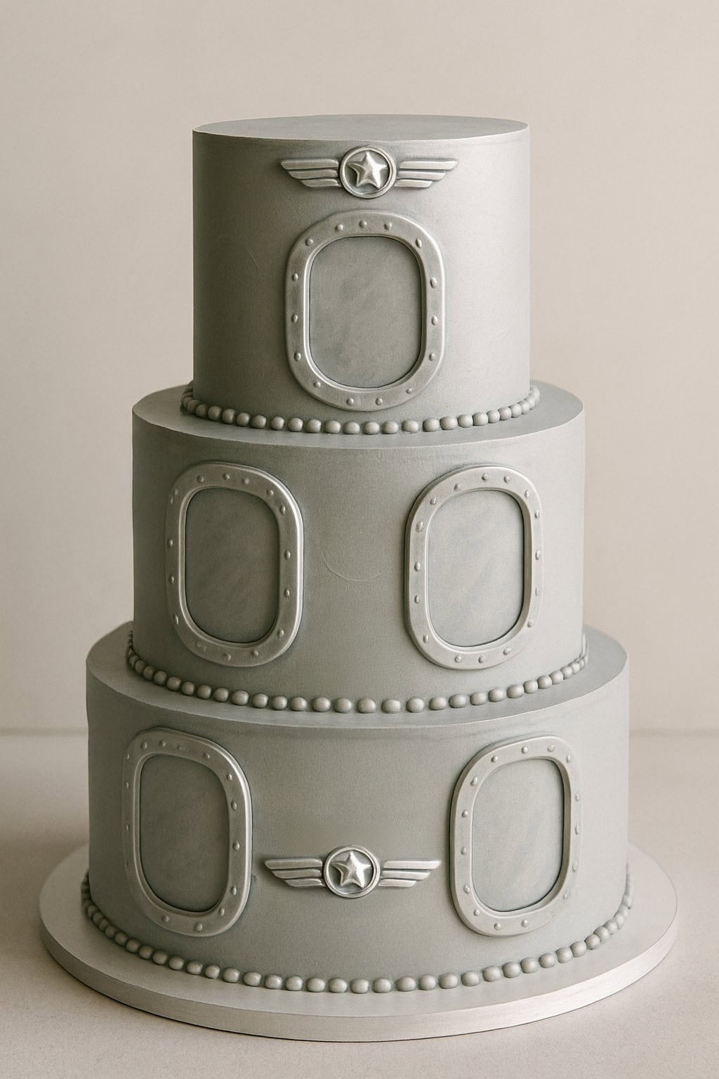 A three-tiered gray cake decorated with silver airplane windows and small round rivets, resembling an aircraft. Each tier features porthole designs, and the top tier includes silver wings with a star emblem.