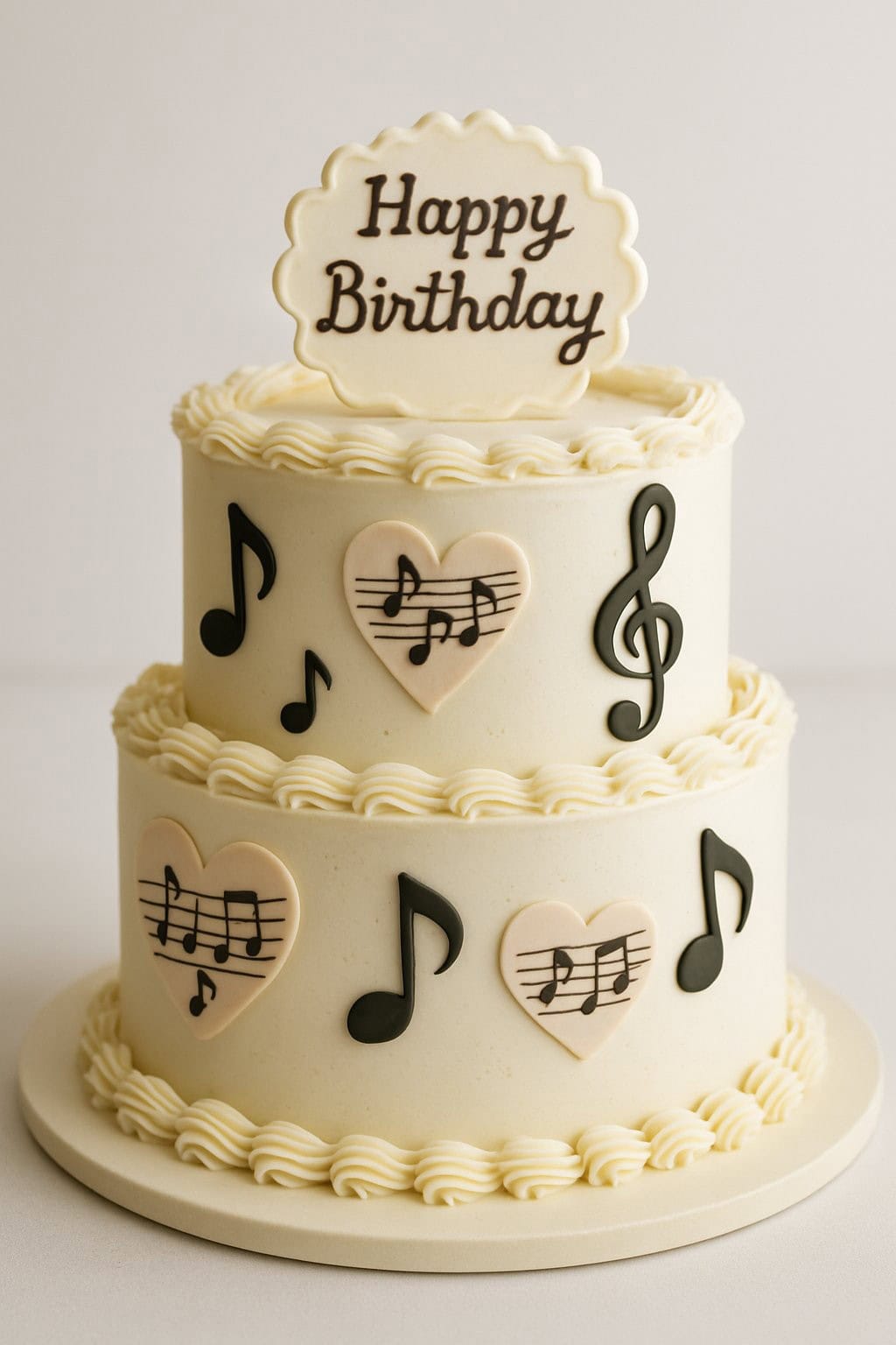 A two-tiered white birthday cake decorated with music notes, treble clefs, and heart-shaped plaques with sheet music, topped with a sign that reads "Happy Birthday.