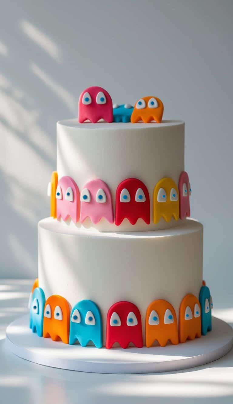 A two-tier white cake decorated with colorful fondant ghosts resembling Pac-Man characters, arranged around the edges of each tier. The cake is displayed on a plain white stand.
