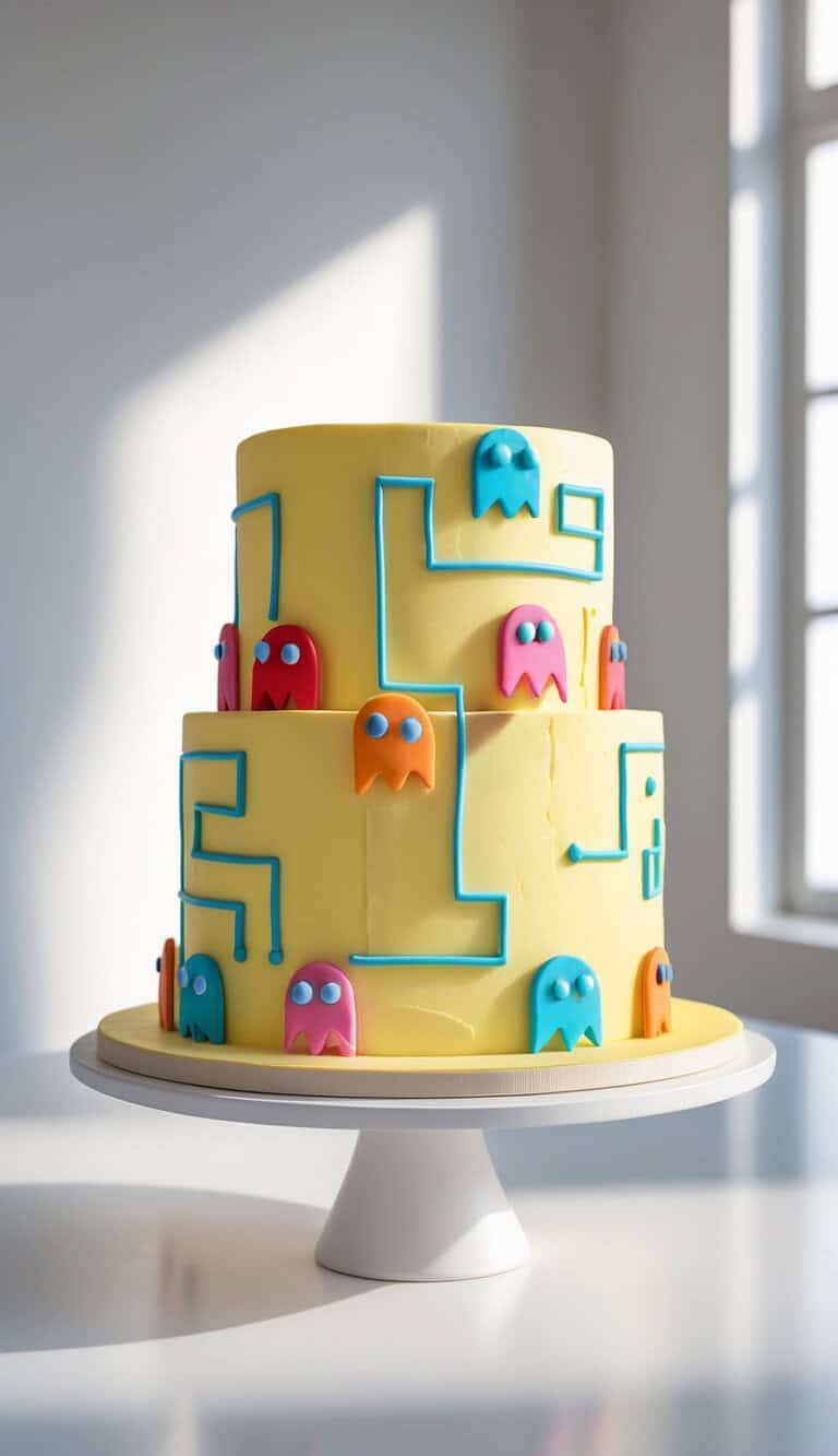 A two-tiered yellow cake decorated with blue maze lines and colorful fondant ghosts, inspired by the Pac-Man video game, sits on a white cake stand in a sunlit room.
