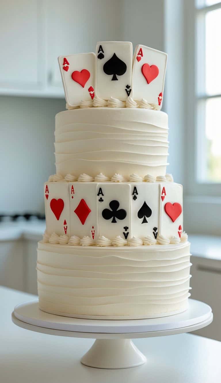 A two-tier white cake decorated with edible playing cards featuring aces of hearts, spades, diamonds, and clubs, displayed on a cake stand in a bright kitchen.