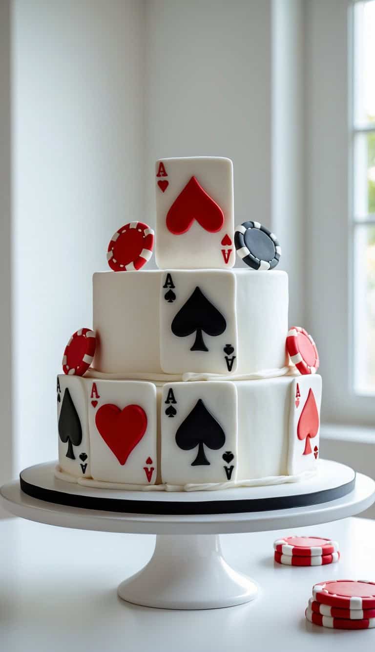 A two-tiered cake decorated with playing card designs and poker chips, featuring aces of spades and hearts. The cake is white with red and black accents, displayed on a white stand by a window.