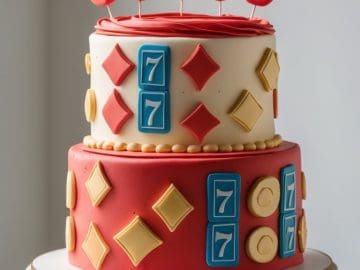 Two-tiered cake decorated with casino-themed fondant designs, including red diamonds, blue slot machine sevens, yellow coins, and red cherries on top. The cake sits on a white stand against a plain background.