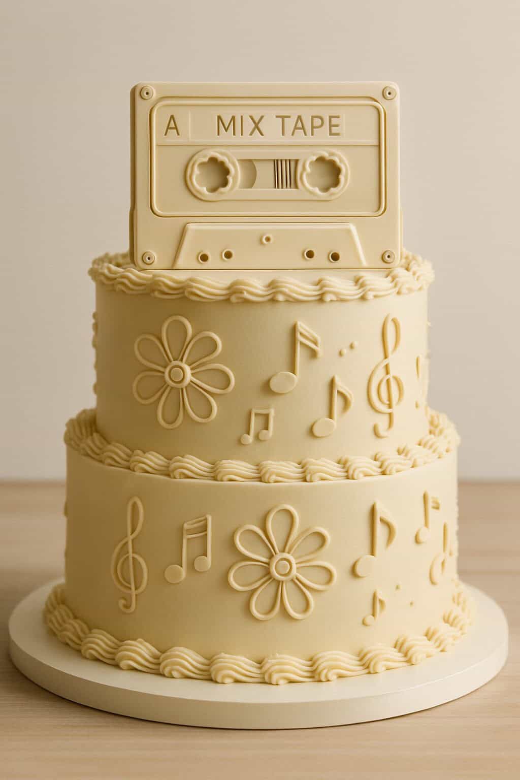A two-tiered cream-colored cake decorated with musical notes, flowers, and a cassette tape topper labeled "A MIX TAPE," all made from the same cream-colored material. The cake sits on a white base.