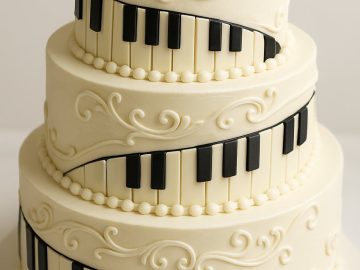 A three-tiered white cake decorated with black and white piano keys winding around each layer and elegant swirl designs, creating a musical, sophisticated look.