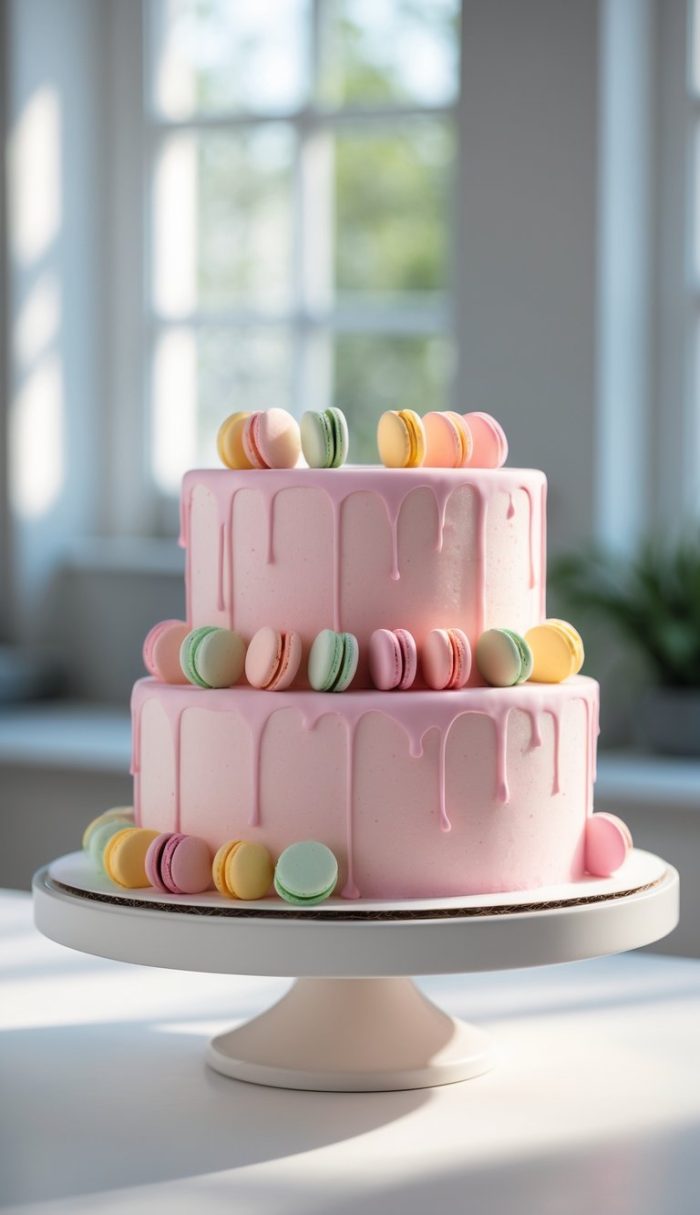 A two-tiered pink cake with dripping icing, decorated with pastel-colored macarons, sits on a white cake stand in a bright room with large windows.