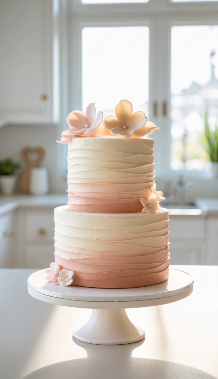 A two-tiered cake with smooth, ombre pink and white frosting, decorated with three delicate fondant flowers, sits on a white cake stand in a bright kitchen with sunlight streaming through the window.
