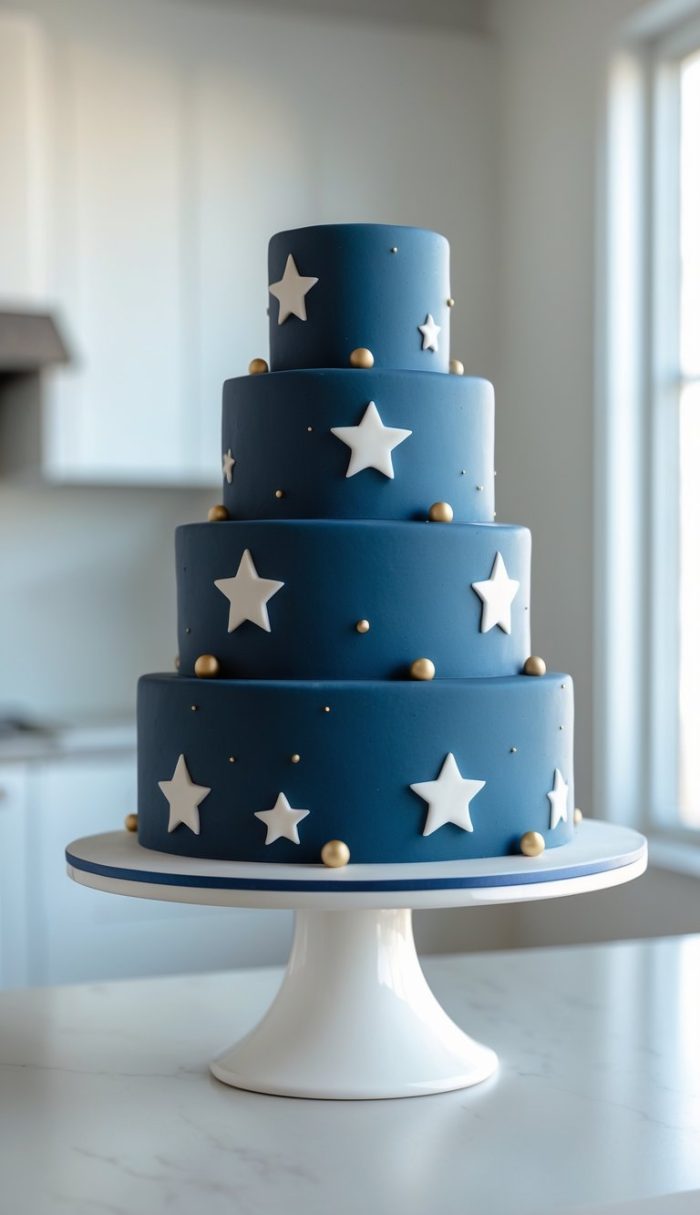 A four-tiered blue cake decorated with white fondant stars and small gold balls, displayed on a white cake stand in a bright kitchen.
