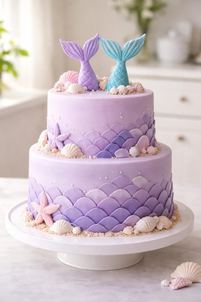 Two-tiered purple cake decorated with mermaid tails, seashells, starfish, and scale patterns, sitting on a white cake stand in a bright kitchen setting.