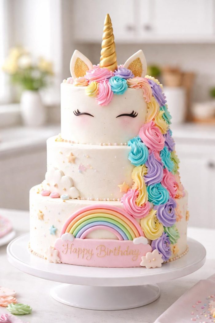 A three-tiered unicorn birthday cake with pastel rainbow mane, gold horn, and closed eyes. Decorated with stars, clouds, pearls, and a rainbow plaque reading “Happy Birthday” in pink. The cake sits on a white stand.
