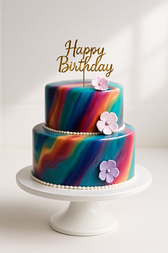 A two-tiered birthday cake with a colorful, marbled rainbow design, decorated with three light purple fondant flowers and a gold “Happy Birthday” topper, displayed on a white cake stand.