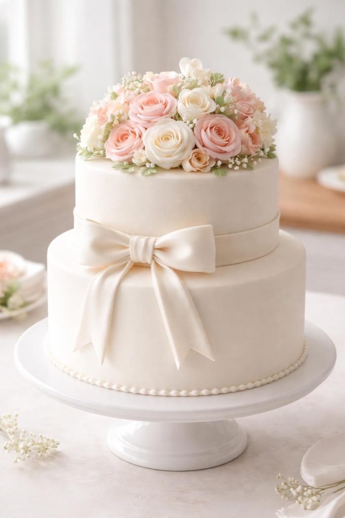 A two-tiered white cake decorated with a fondant bow and topped with pastel pink and white roses, displayed on a white cake stand in a bright, elegant room.