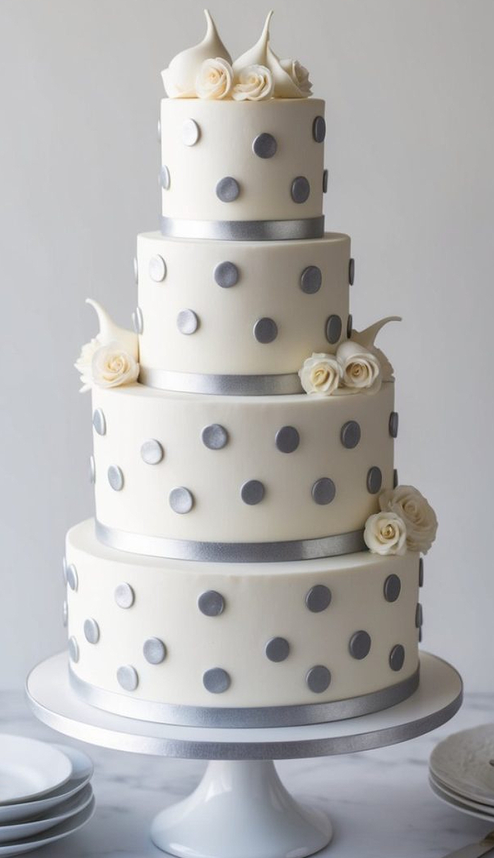 A four-tiered white cake with silver polka dots and silver ribbon on each tier, decorated with white sugar roses and meringue kisses, displayed on a white cake stand next to stacked white plates.