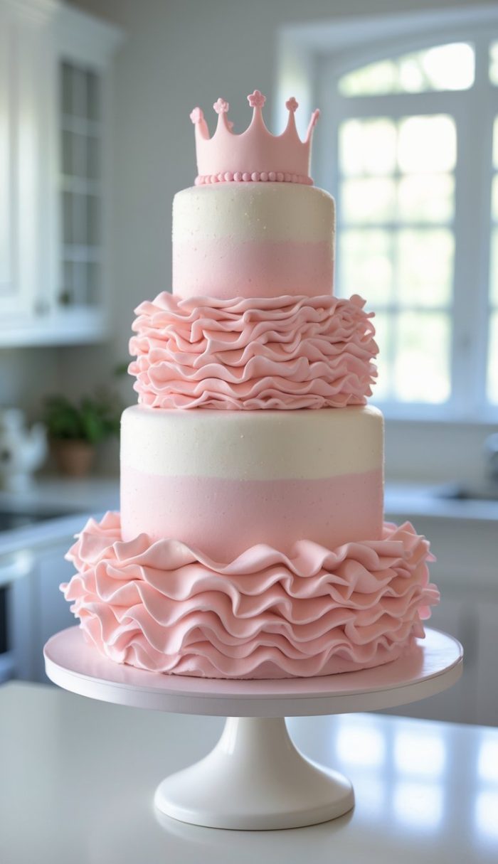 A two-tiered pink and white cake with ruffled fondant layers and a pink crown topper, displayed on a white cake stand in a bright kitchen.