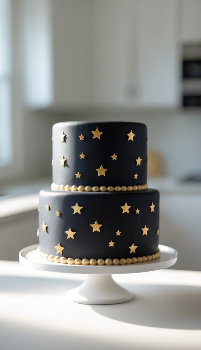 A two-tier cake with dark navy icing, decorated with gold stars and gold pearl borders, sits on a white cake stand in a bright kitchen.