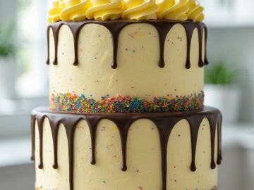 Two-tiered cake with yellow frosting, chocolate drip, colorful sprinkles at the base of each tier, and lit birthday candles on top, displayed on a white cake stand in a bright kitchen.