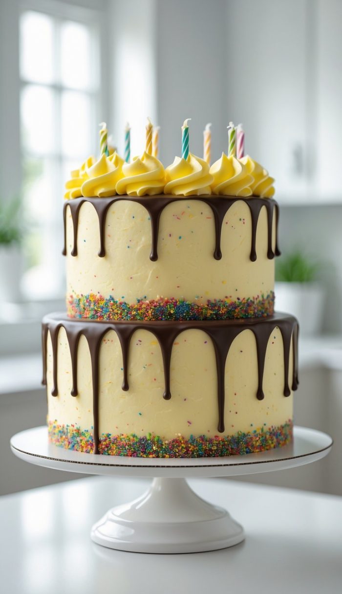Two-tiered cake with yellow frosting, chocolate drip, colorful sprinkles at the base of each tier, and lit birthday candles on top, displayed on a white cake stand in a bright kitchen.