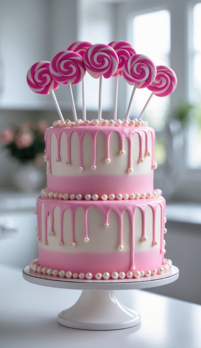 A two-tiered cake with white and pink frosting, decorated with pearl-like candies and topped with pink swirl lollipops, sits on a white cake stand in a bright kitchen.