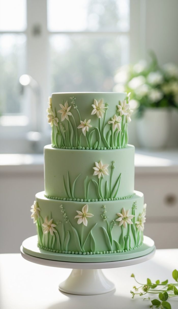 A three-tiered pastel green cake decorated with white fondant flowers and green leaves, standing on a white cake stand in a bright kitchen setting.