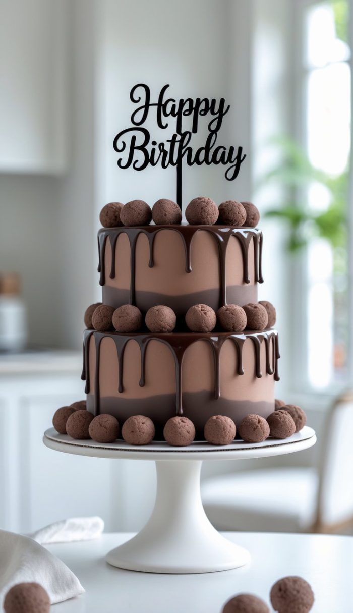 A two-tiered chocolate cake with chocolate truffles on top and around the base, chocolate drip decoration, and a "Happy Birthday" topper, displayed on a white cake stand in a bright kitchen.