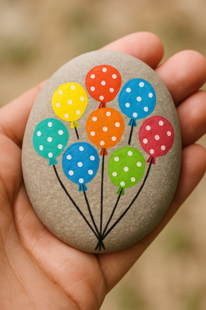 A hand holds a smooth stone painted with colorful polka-dotted balloons, featuring red, blue, yellow, orange, and green balloons gathered together with black string lines.