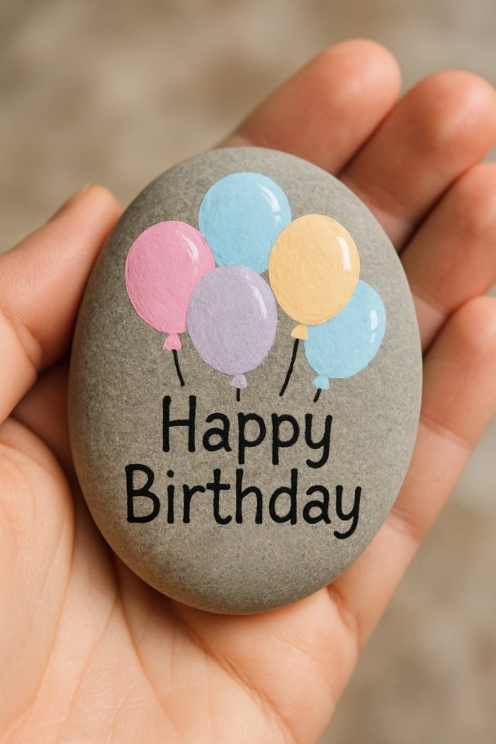 A hand holds a smooth gray stone painted with four colorful balloons and the words "Happy Birthday" written below them.
