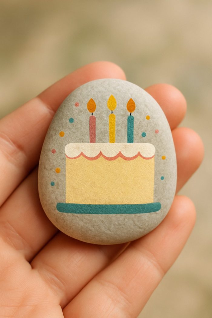 A hand holds a smooth stone painted with a birthday cake, three lit candles, colorful sprinkles, and a blue base against a blurred background.