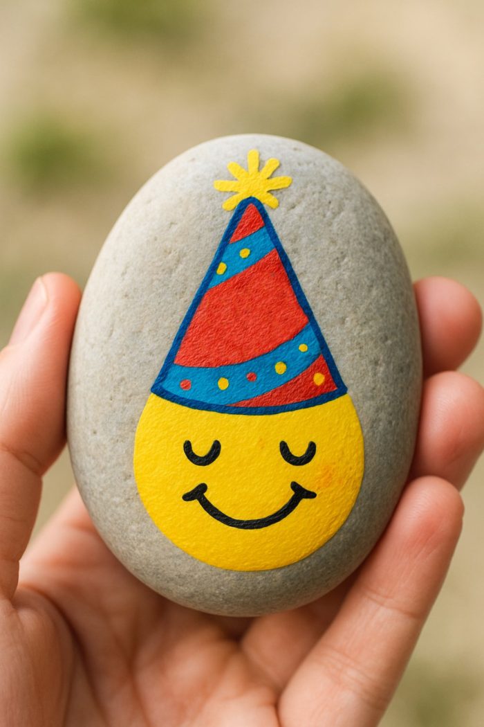A hand holds a smooth gray stone painted with a yellow smiling face wearing a red and blue party hat with a yellow pom-pom on top. The background is blurred.