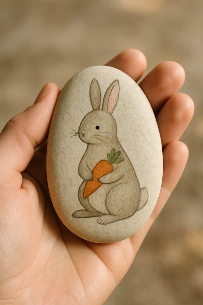 A hand holds a smooth, oval stone painted with a cute gray bunny holding an orange carrot, against a blurred background.