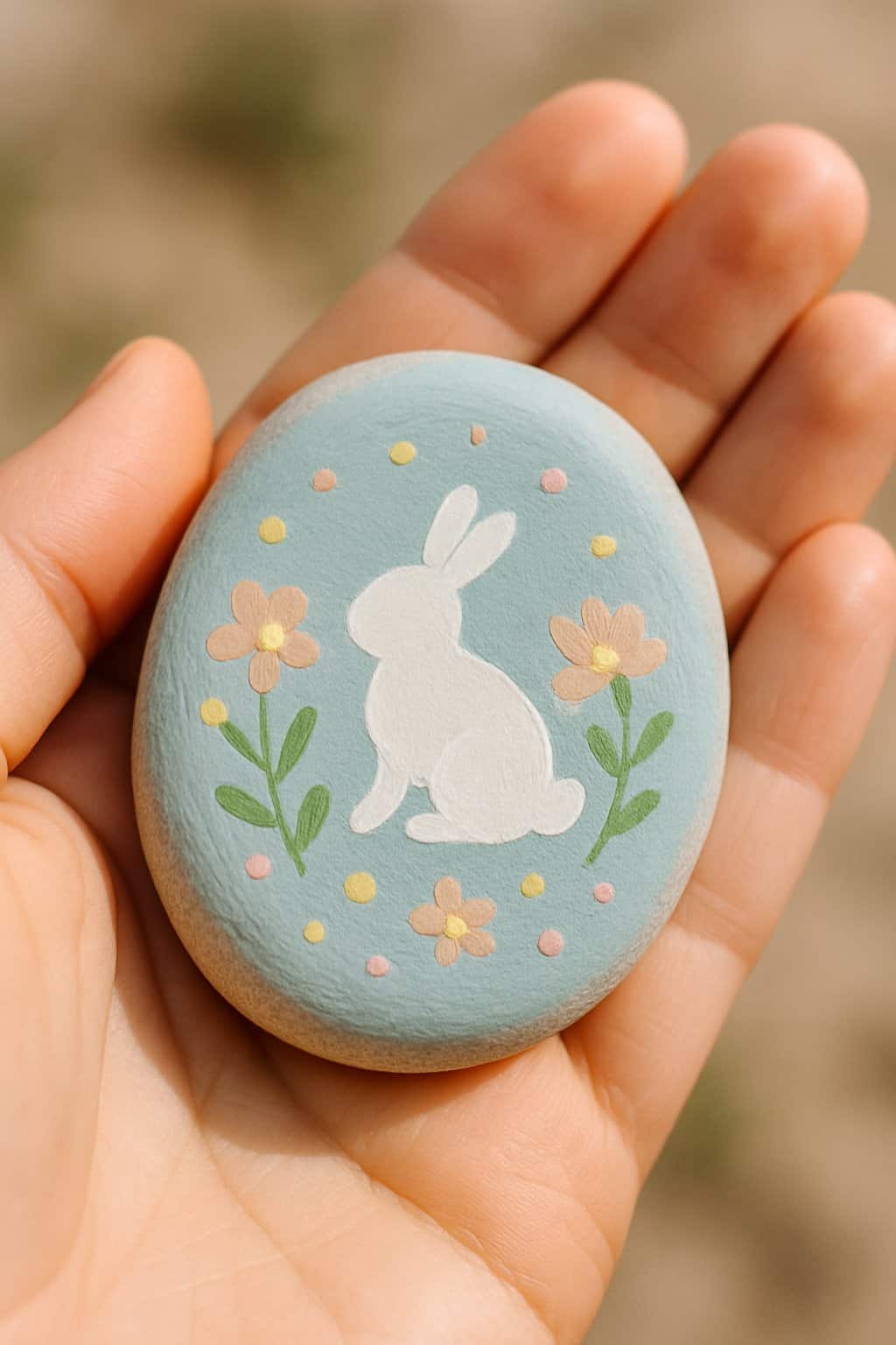 A hand holds a smooth, oval stone painted with a white silhouette of a bunny surrounded by colorful flowers and dots on a light blue background.