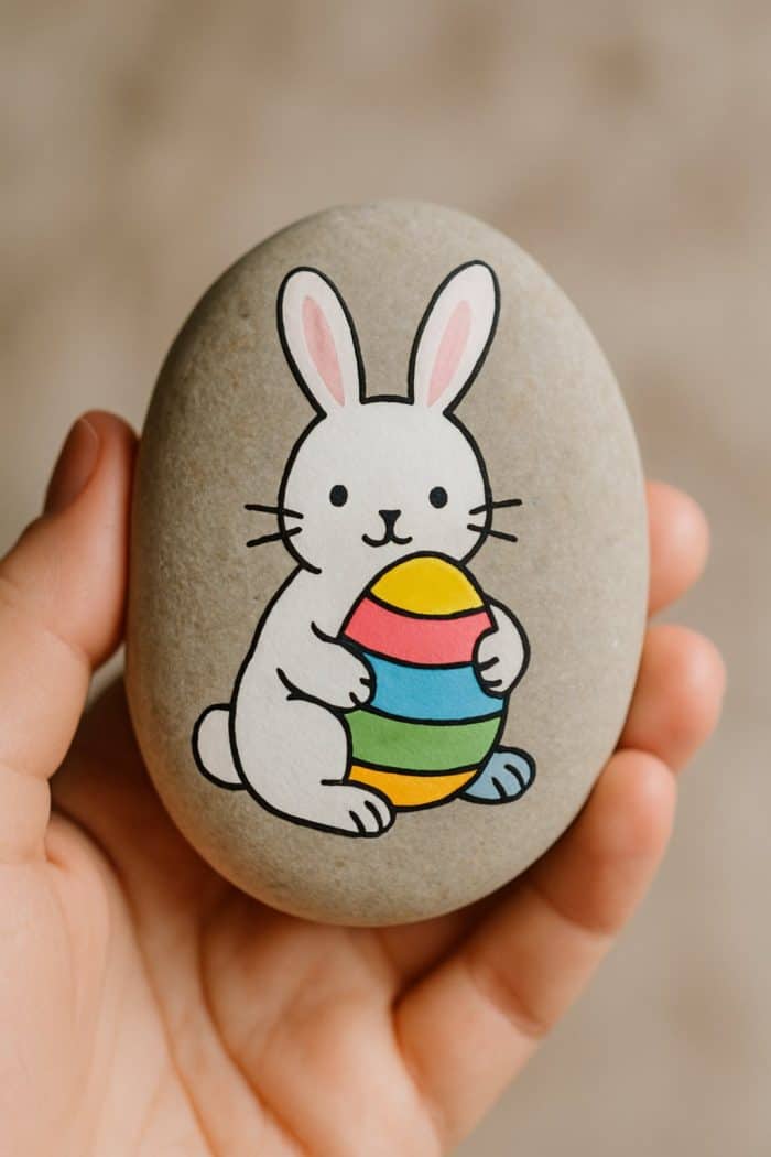 A hand holds a smooth stone painted with a white bunny holding a colorful, striped Easter egg. The background is blurred and neutral.