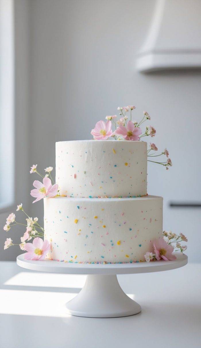 A two-tiered white cake decorated with small colorful sprinkles and topped with delicate pink and white flowers, displayed on a white cake stand in a bright room.