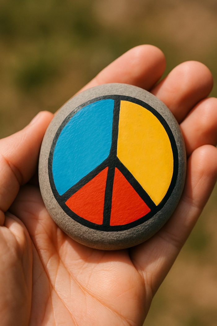 A hand holds a round stone painted with a black peace symbol. Each section of the symbol is filled with bright colors: blue, yellow, and red. The background is blurred grass.