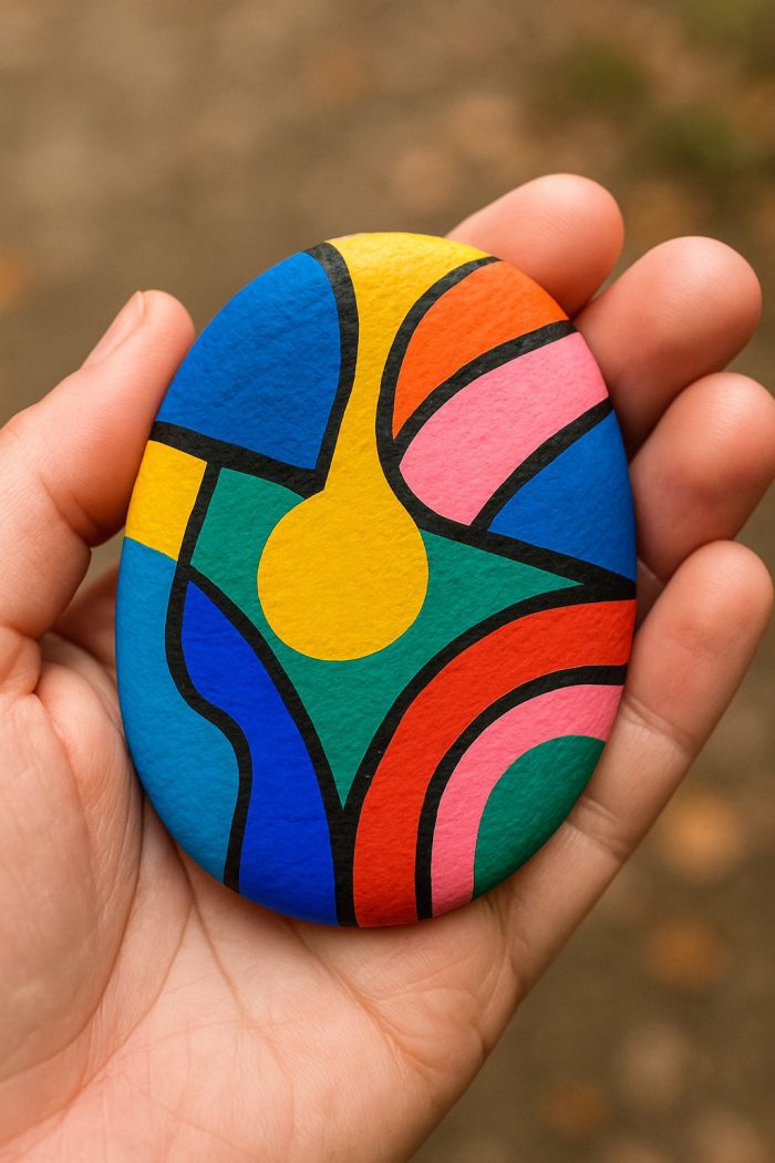 A hand holds a smooth oval stone painted with a colorful abstract geometric design, featuring bold shapes in yellow, blue, green, pink, orange, and black lines.