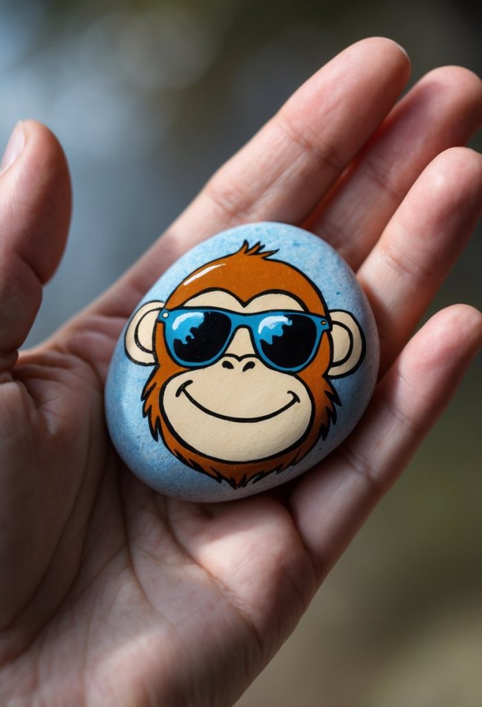 A hand holds a smooth stone painted with a cartoon monkey face wearing blue sunglasses, smiling brightly against a blurred outdoor background.
