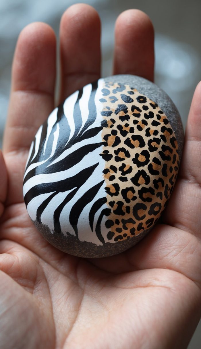 A hand holds a smooth stone painted with black and white zebra stripes on one side and brown and black leopard spots on the other, creating a striking contrast of animal patterns.