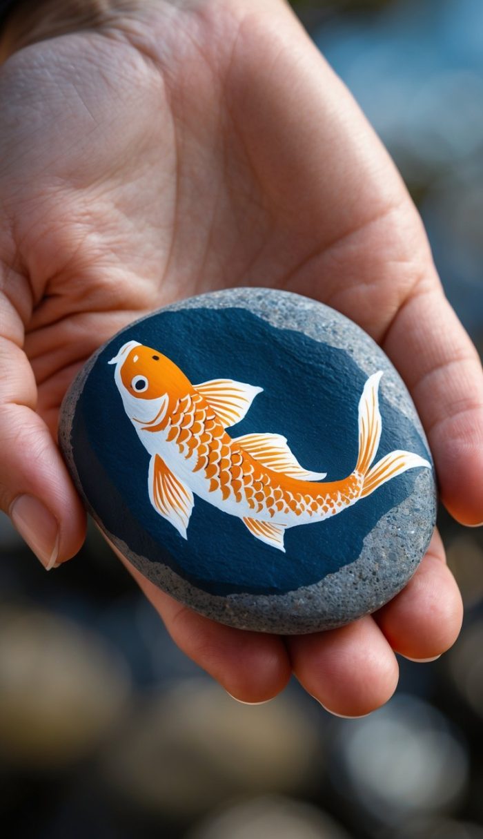 A hand holds a smooth, round stone painted with an orange and white koi fish against a dark blue background.