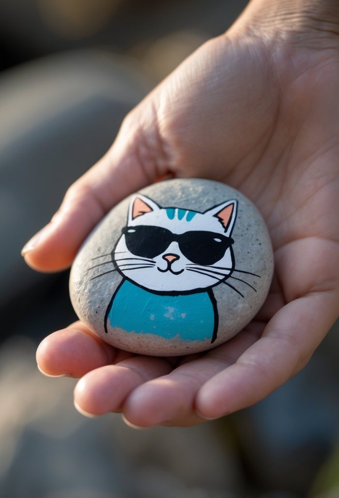 A hand holds a smooth stone painted with a cartoon cat wearing black sunglasses and a blue shirt, with a blurred outdoor background.