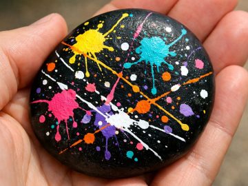 A hand holds a smooth black stone painted with colorful splatters and dots in yellow, blue, pink, white, orange, and purple, resembling a galaxy or abstract art. The background is blurred.