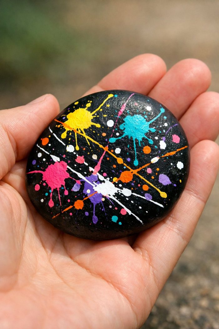 A hand holds a smooth black stone painted with colorful splatters and dots in yellow, blue, pink, white, orange, and purple, resembling a galaxy or abstract art. The background is blurred.