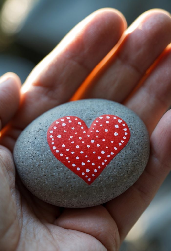 A close-up of a hand holding a smooth gray stone with a red heart painted on it, decorated with small white dots.