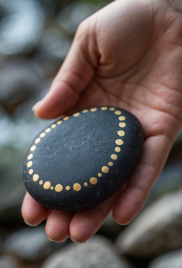 A hand holds a smooth, black stone decorated with a ring of evenly spaced gold dots along its edge, with blurred rocks in the background.