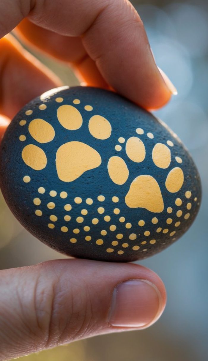 A hand holds a smooth, dark stone painted with two yellow paw prints and small yellow dots, against a blurred background.