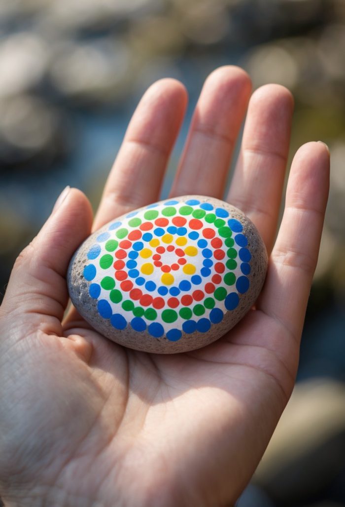 A hand holds a smooth stone painted with colorful dots arranged in concentric circles of blue, green, red, orange, and yellow. The background is blurred.