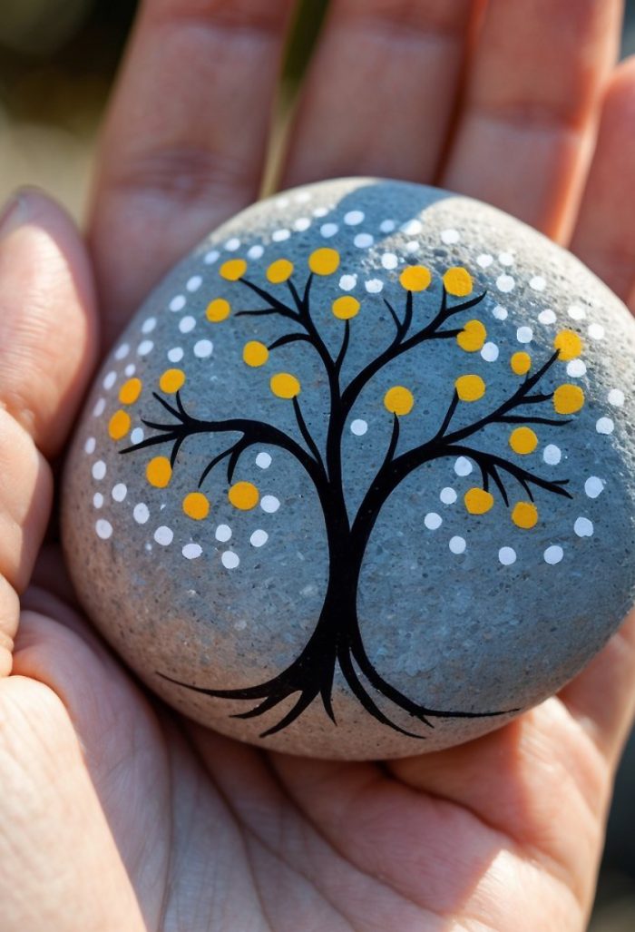 A hand holds a smooth gray stone painted with a black tree, featuring branches decorated with yellow and white dots resembling leaves or blossoms.