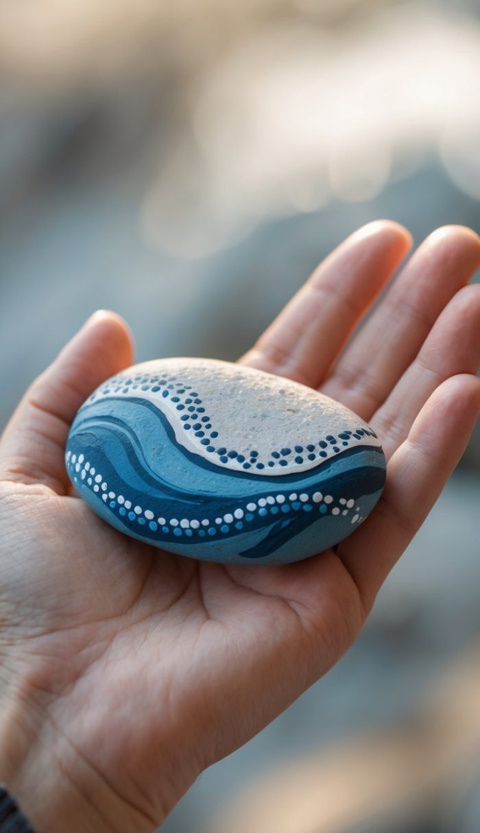 A hand holds a smooth stone painted with blue wavy lines and dotted patterns, resembling water or waves, against a soft, blurred background.