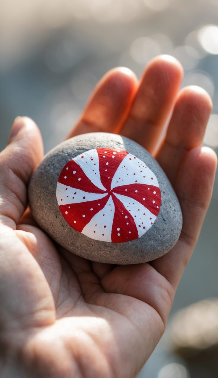 A hand holds a smooth gray stone painted with a red and white swirl pattern resembling a peppermint candy, with small white dots accenting the design.