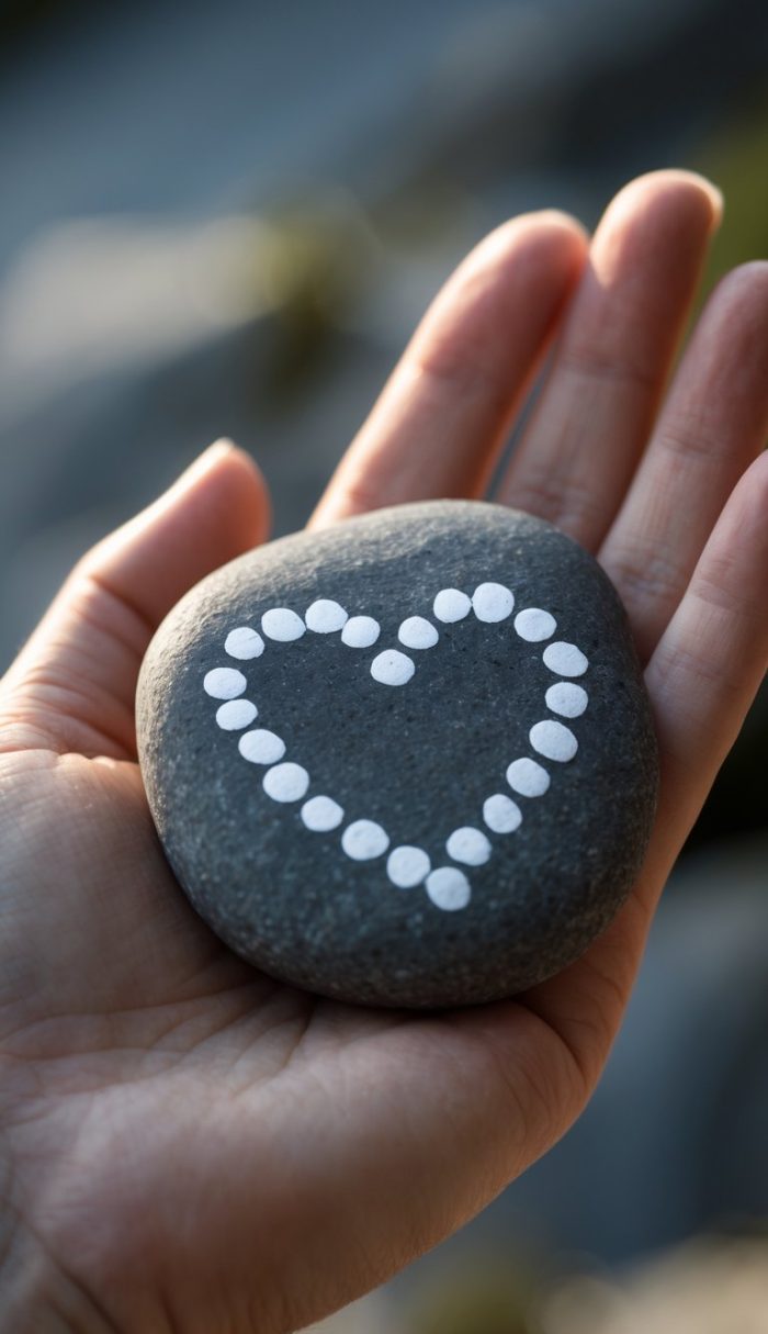 A hand holds a smooth gray stone featuring a heart shape outlined with small white dots painted on its surface.