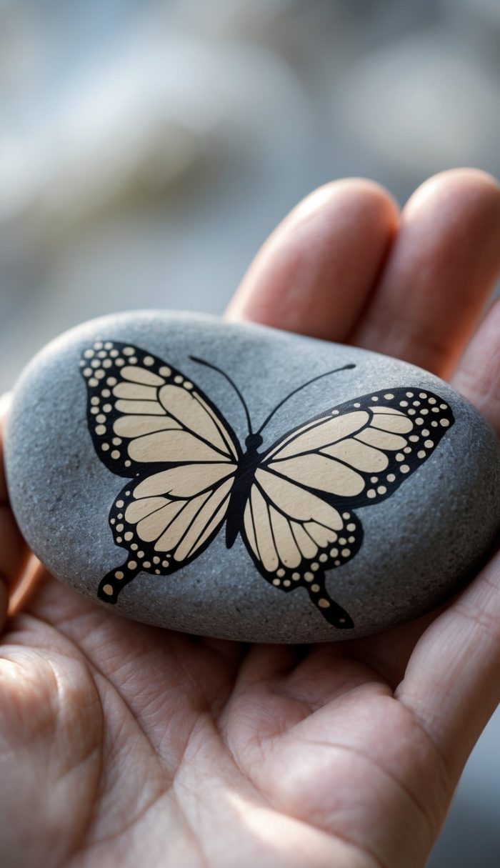 A hand holds a smooth gray stone with a painted butterfly featuring black and cream-colored wings, set against a soft, blurred background.